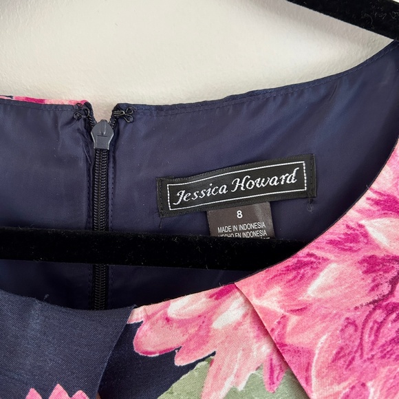 Jessica Howard Cocktail Dress Navy Floral Print Sleeveless Scoop Neck Size 8 - Picture 3 of 15